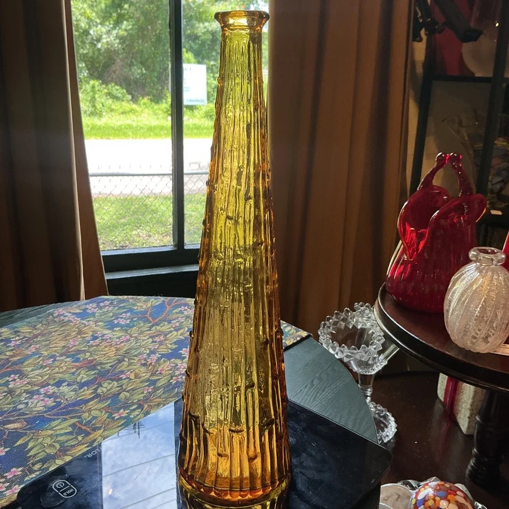 Vintage Empoli Amber Glass Vase‎ 15.25 Inch Drip Pattern Italian Art Glass MCM